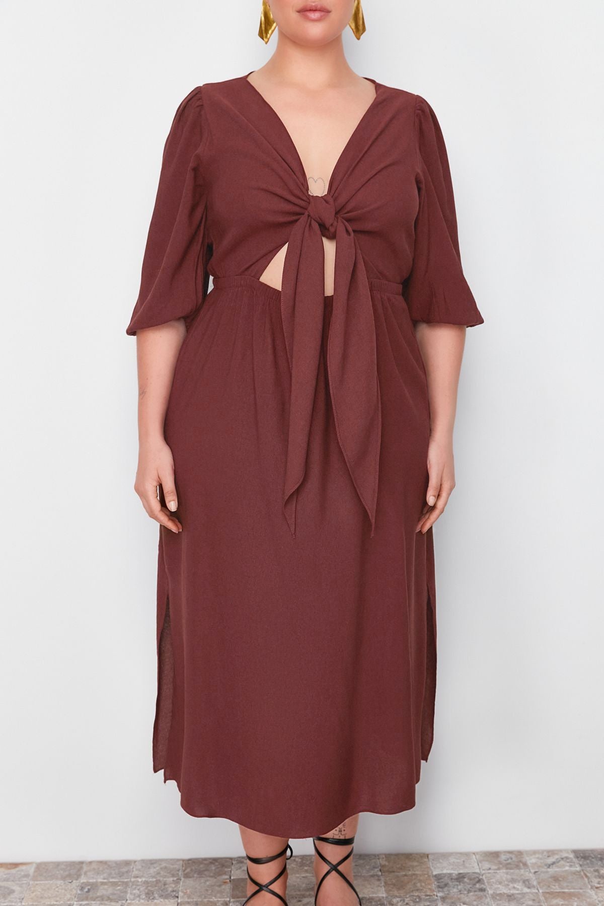 Curve Brown A-line Summer Midi Woven Plus Size Dress