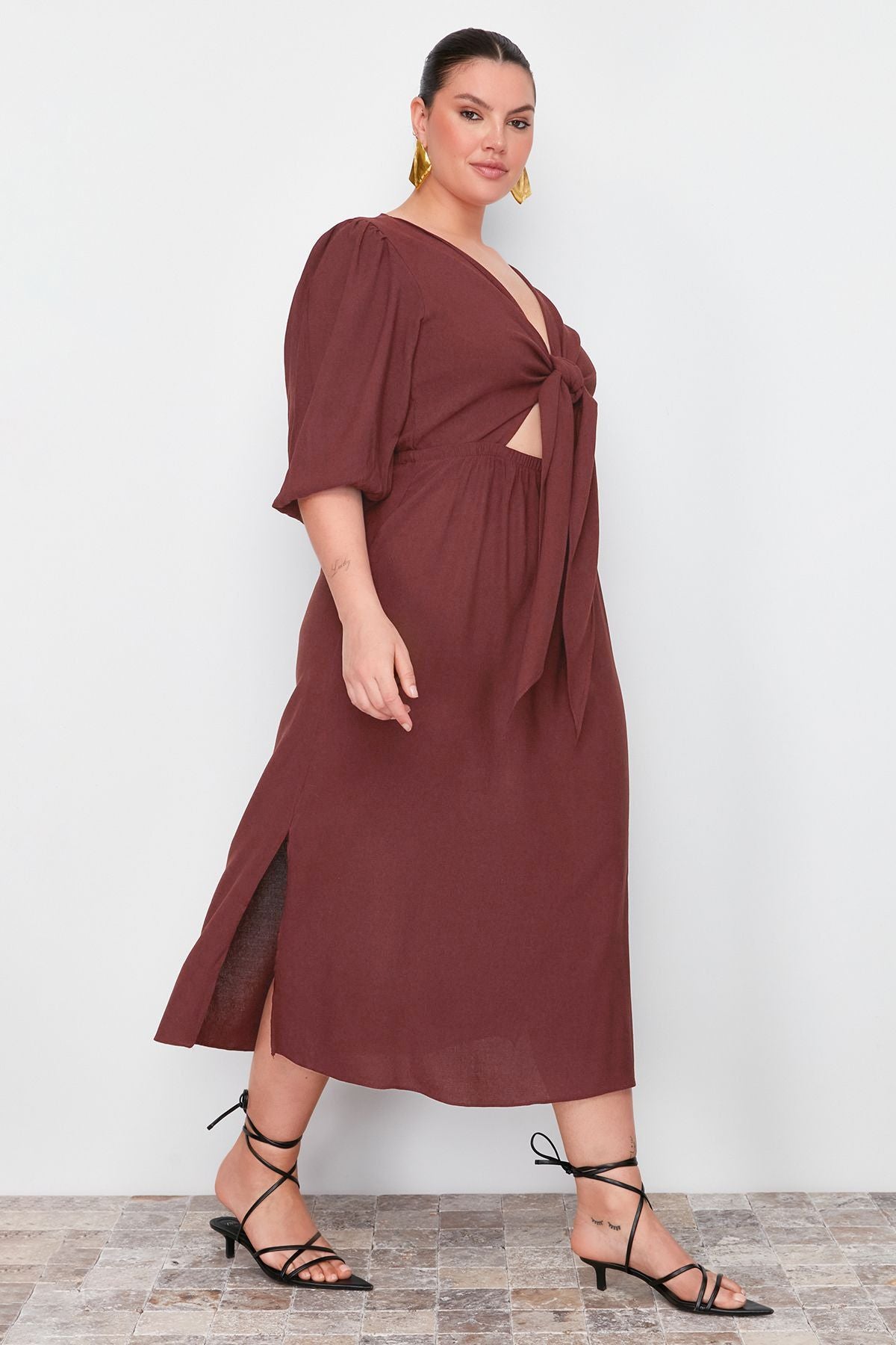 Curve Brown A-line Summer Midi Woven Plus Size Dress