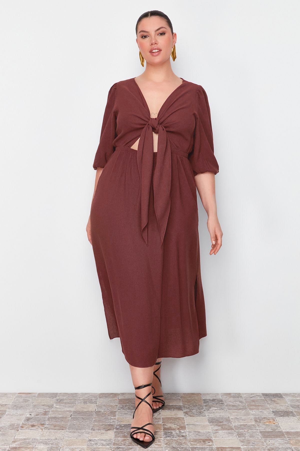 Curve Brown A-line Summer Midi Woven Plus Size Dress