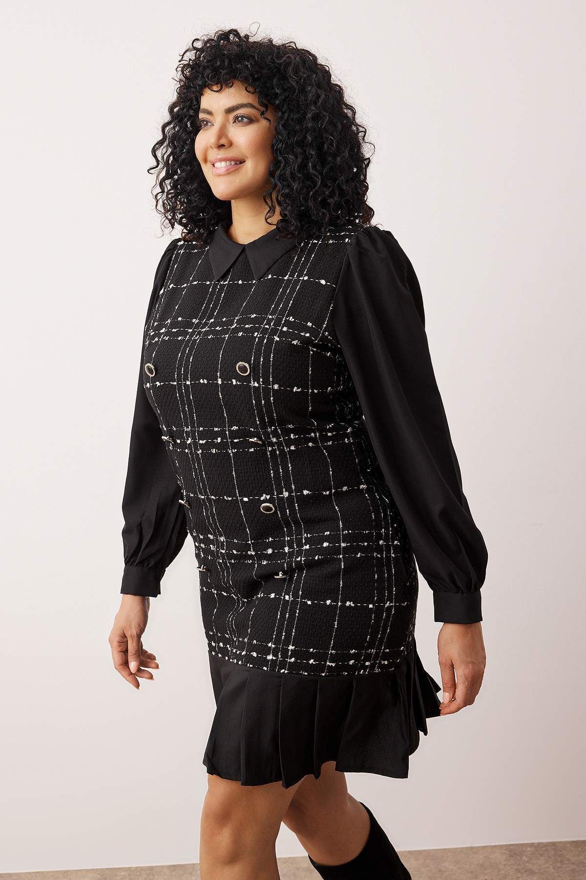 Black Plaid Tweed Mini Plus Size Dress