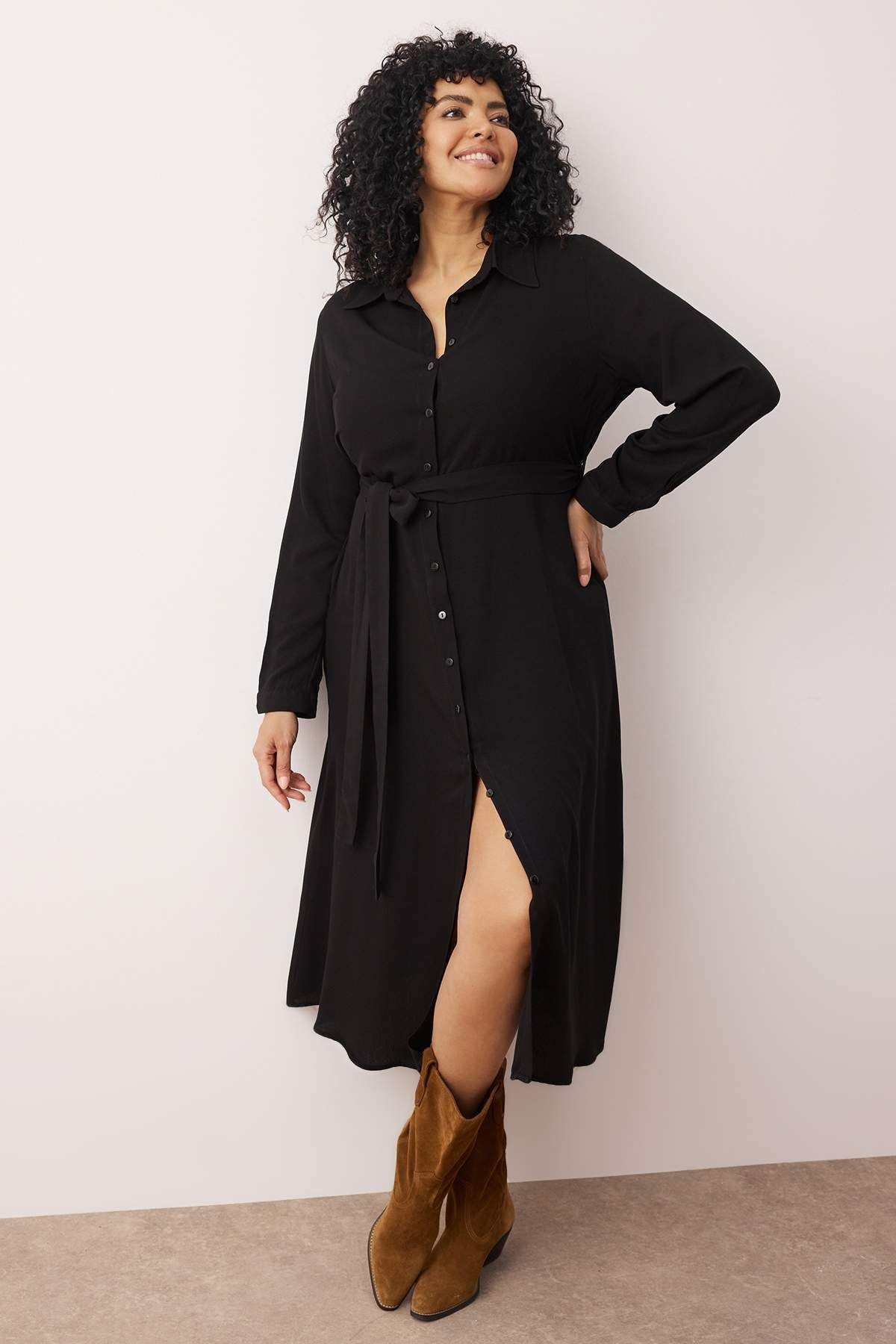 Curve Black Viscose Belted Midi Woven Plus Size Shirt Dress