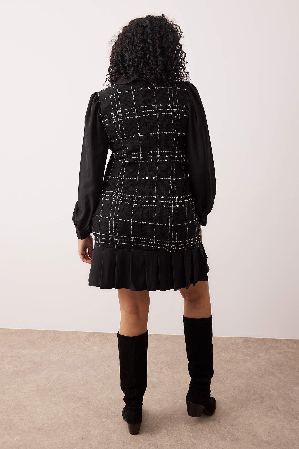 Black Plaid Tweed Mini Plus Size Dress