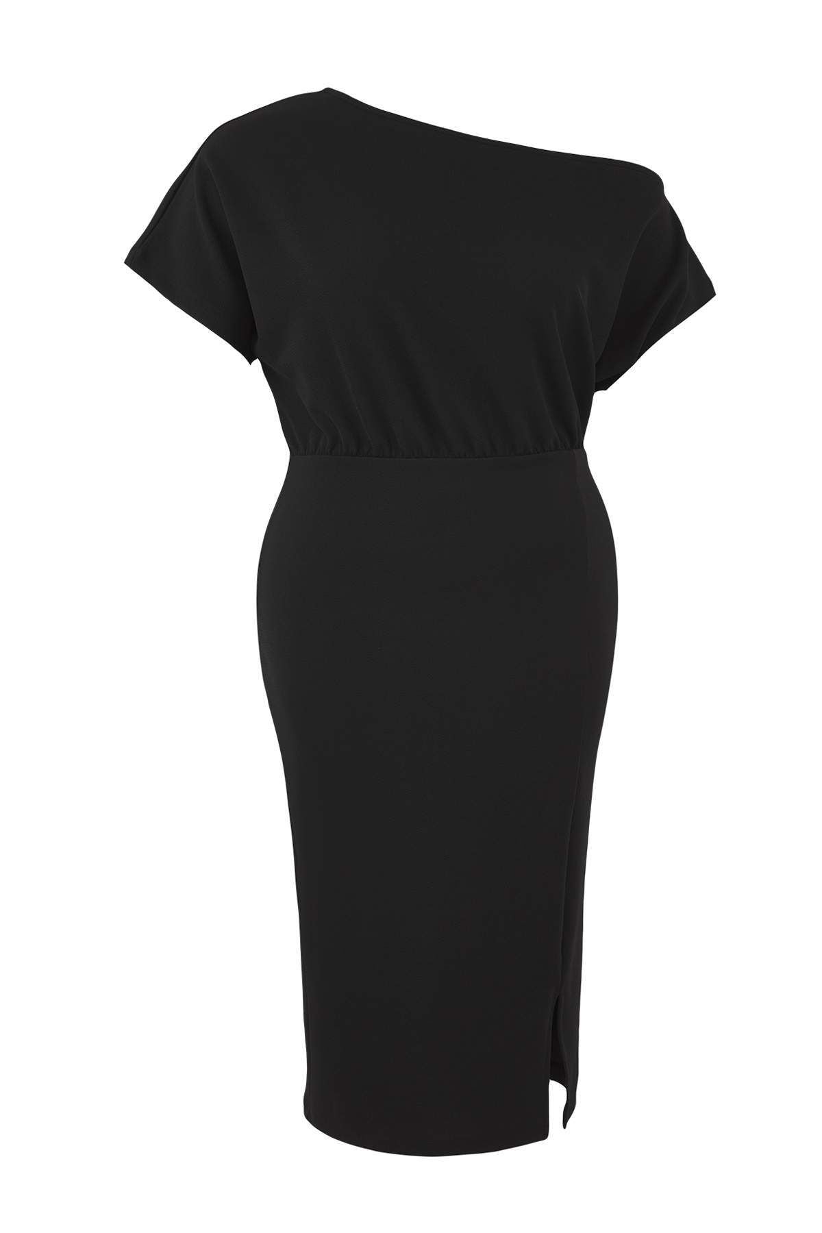 Curve Black Asymmetric Neck Slit Crepe Knit Plus Size Dress