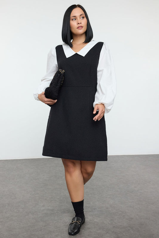 Curve Black Shirt Collar Tweed Weave Plus Size Dress