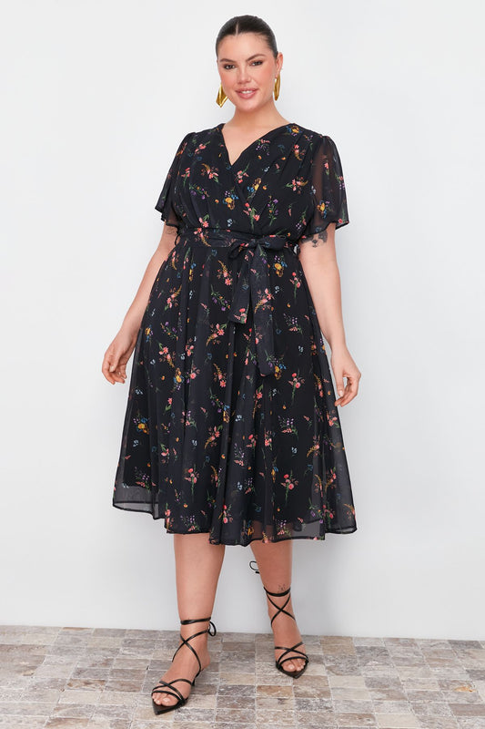Curve Multicolor Floral Chiffon Wrap Woven Dress