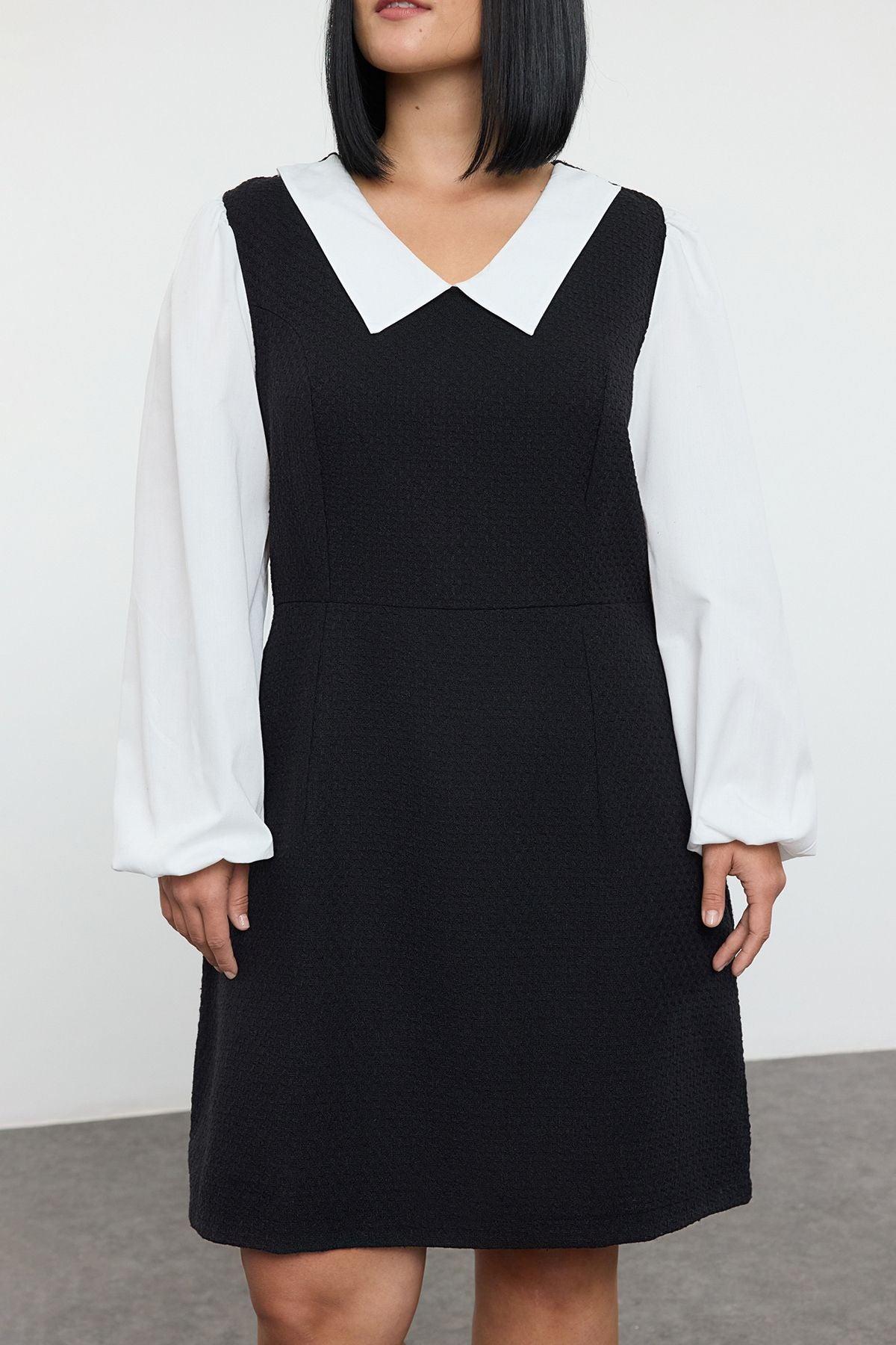 Curve Black Shirt Collar Tweed Weave Plus Size Dress