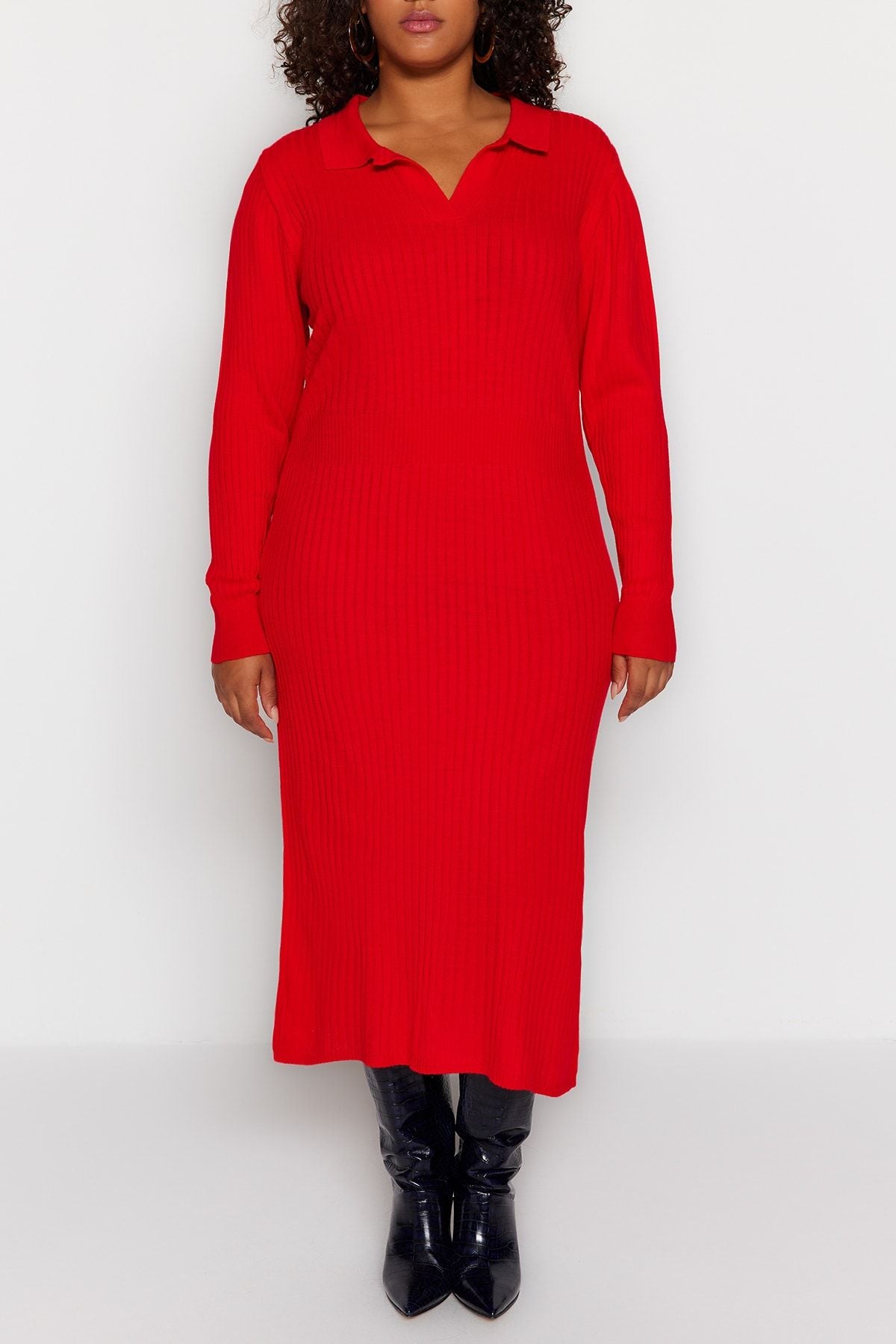 Curve Red Polo Neck Ribbed Knit Plus Size Dress