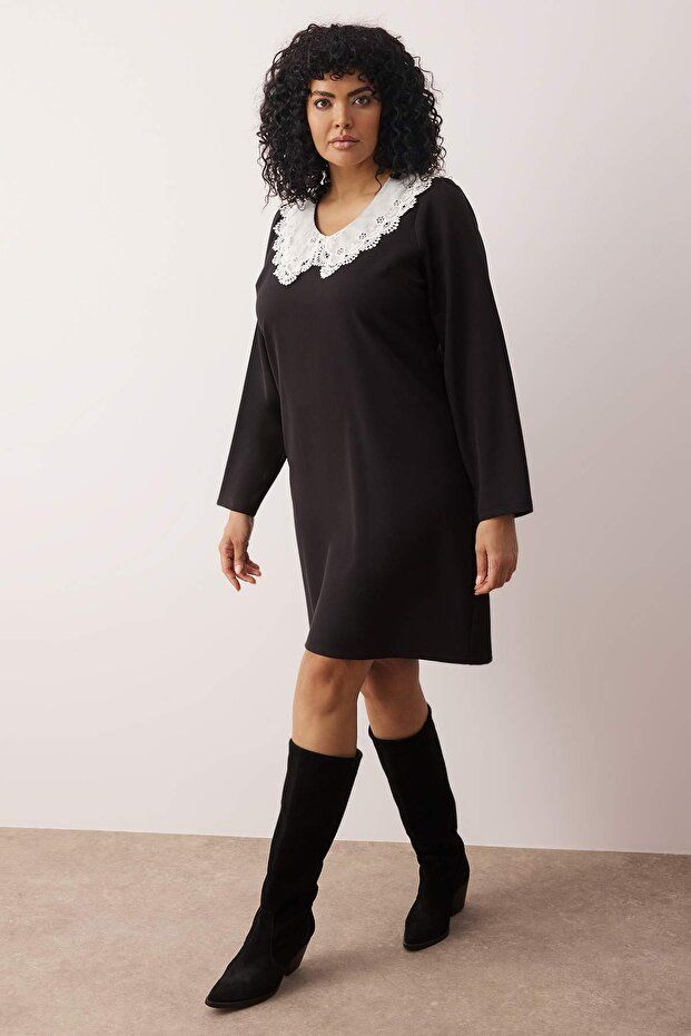 Curve Black Collar Detail Mini Shally Woven Plus Size Dress