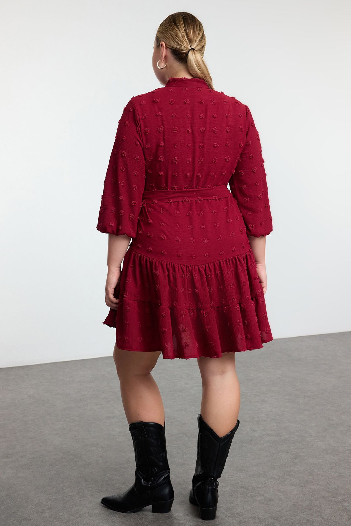 Curve Burgundy V-Neck Balloon Sleeve Belted Pom-Pom Woven Mini Plus Size Dress