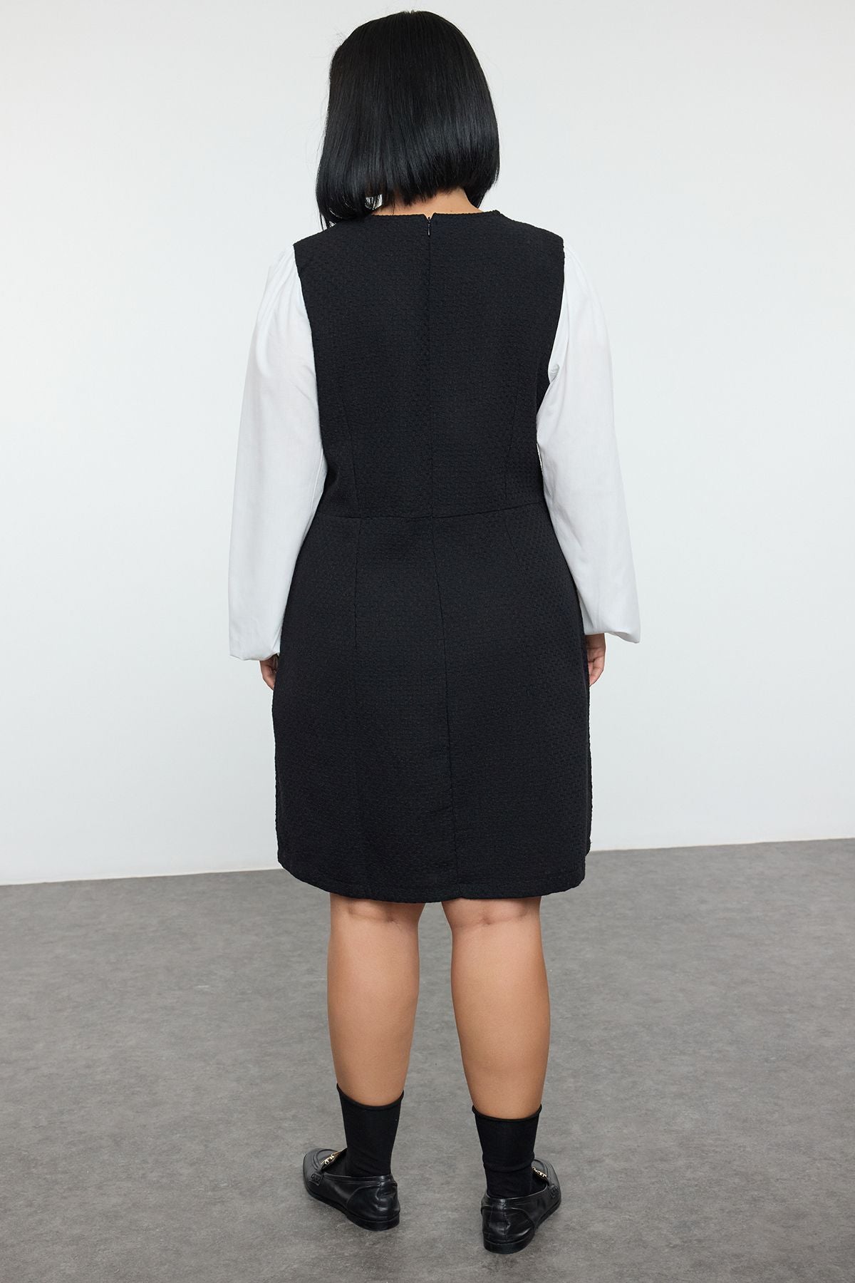 Curve Black Shirt Collar Tweed Weave Plus Size Dress