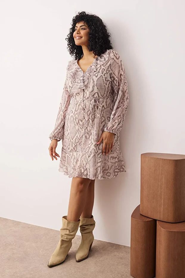 Curve Multi-Color Chiffon Snake Print Mini Drawstring Waist Woven Plus Size Dress