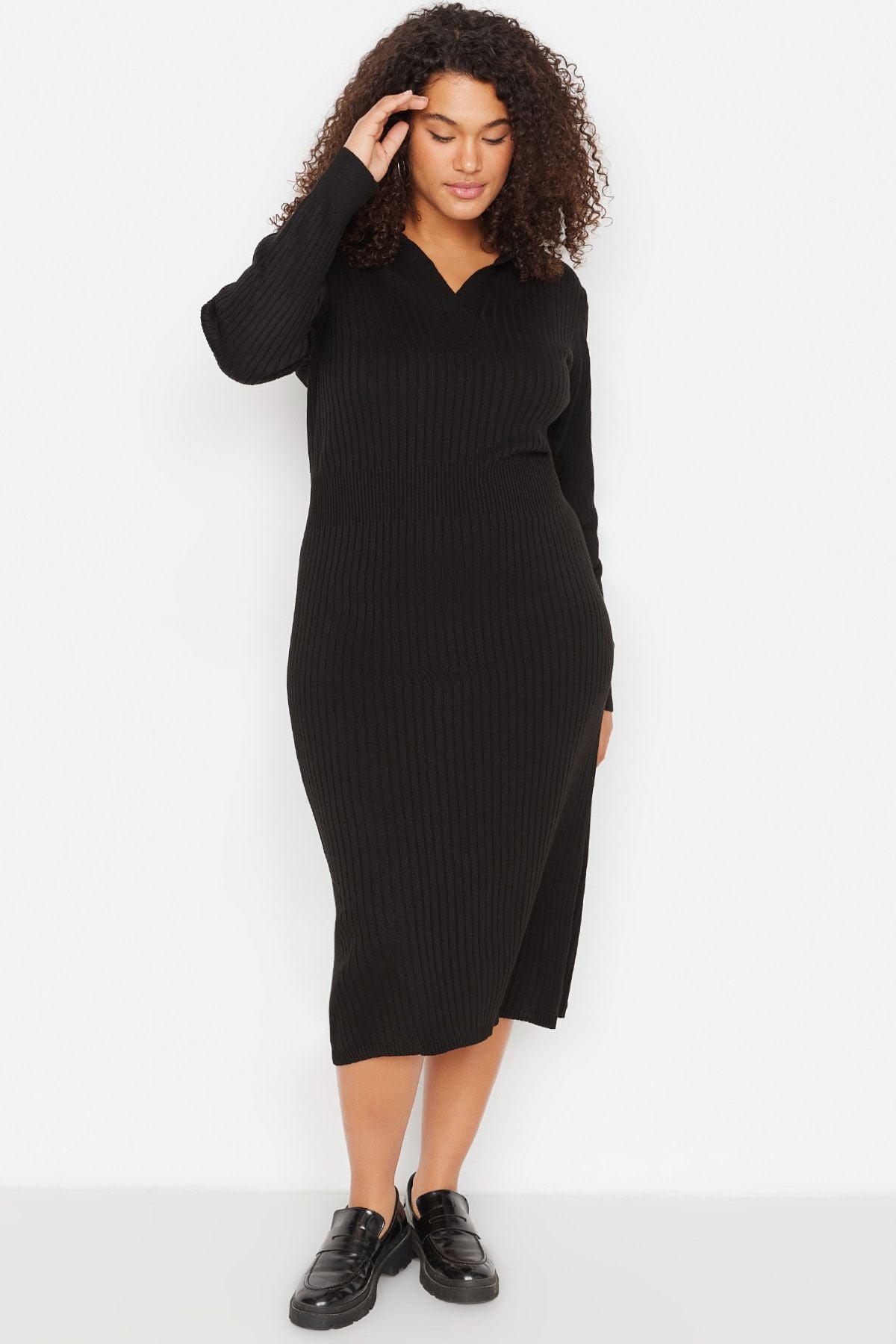 Curve Black Polo Neck Ribbed Knit Plus Size Dress