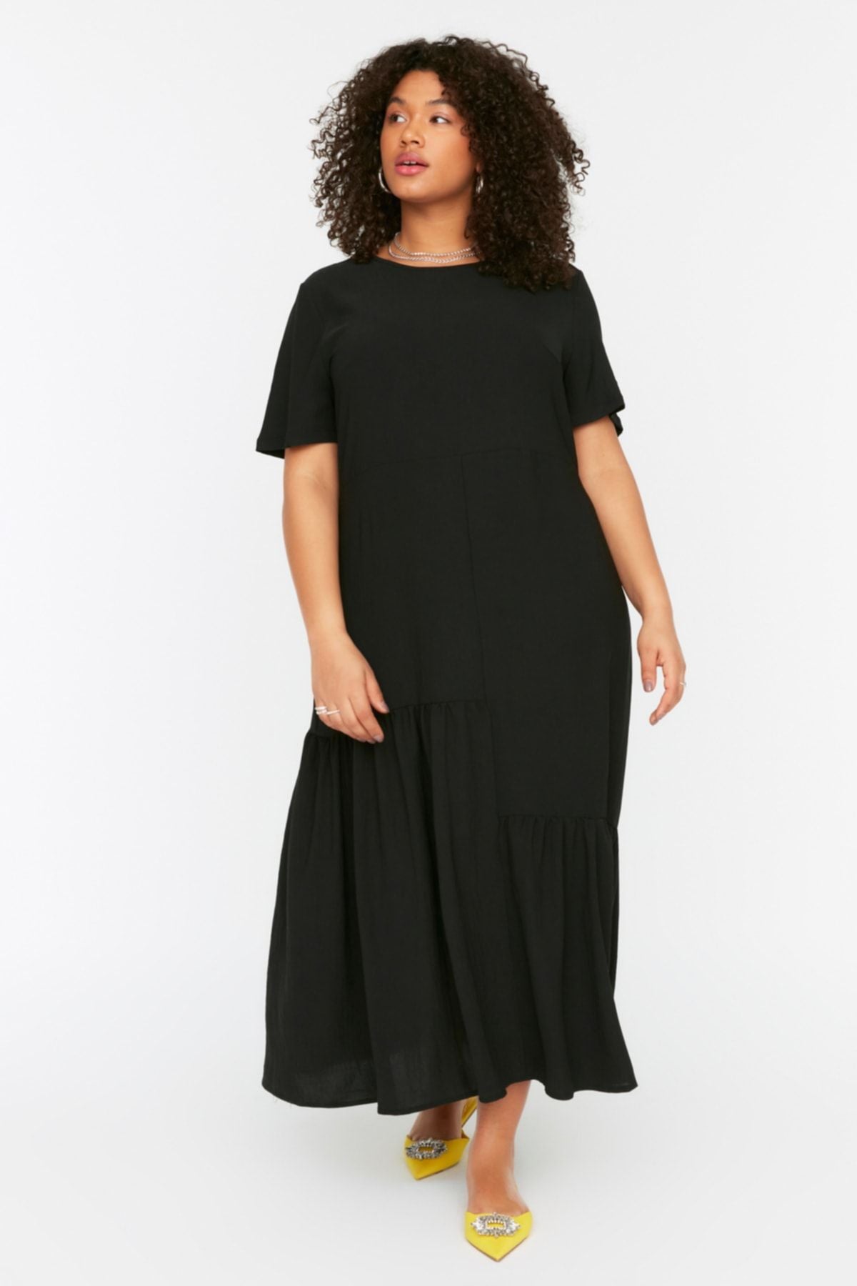 Curve Black Short Sleeve Woven Ruffled Midi Plus Size Dress