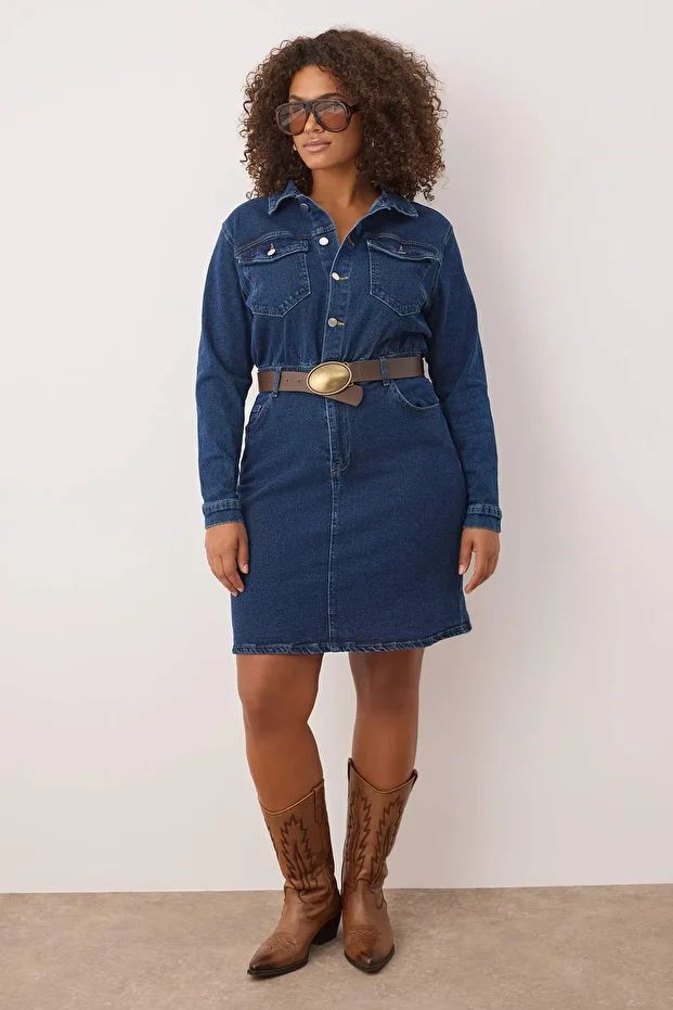 Curve Blue Collared Mid-Stretch Denim Plus Size Dress