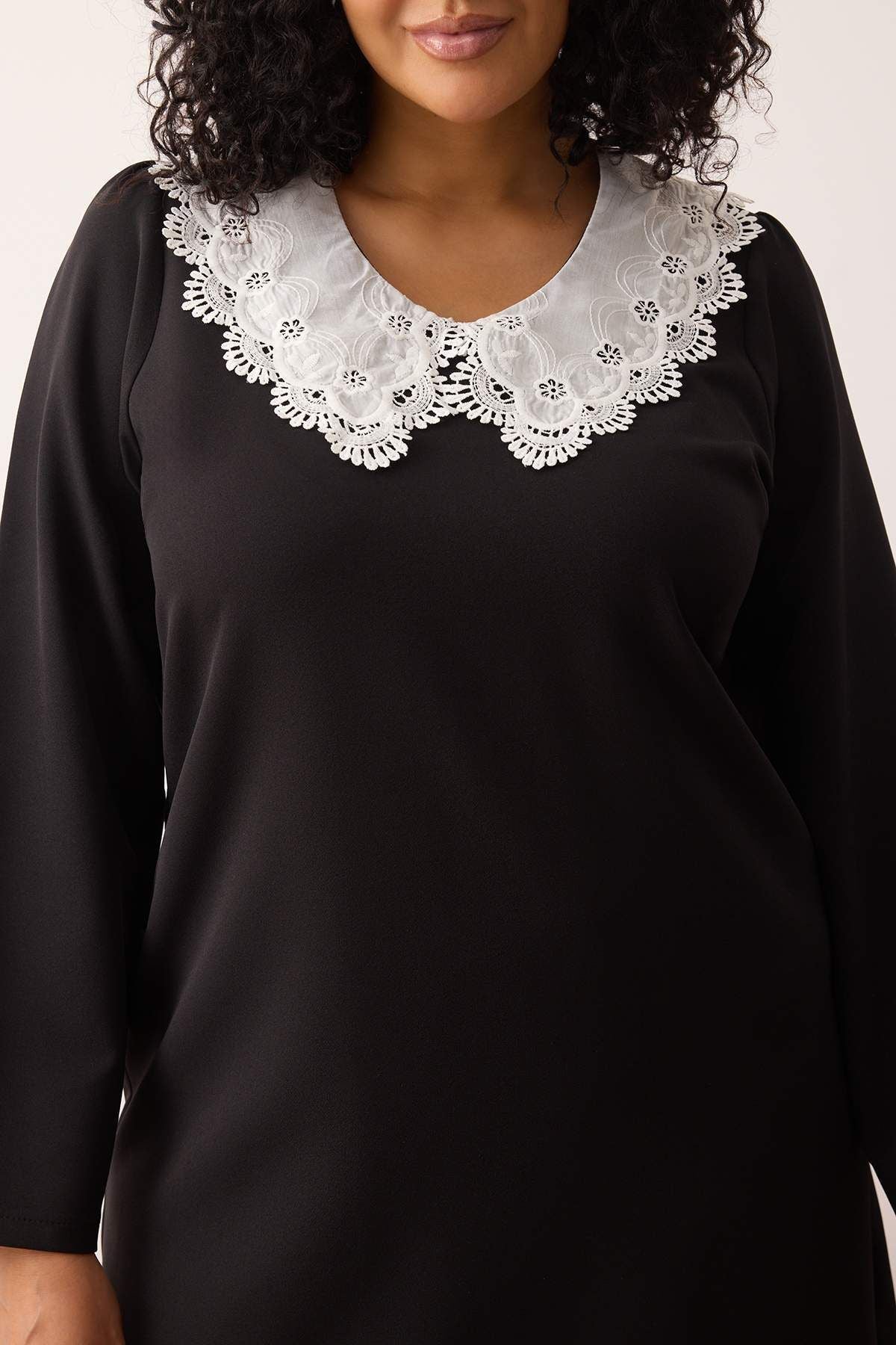 Curve Black Collar Detail Mini Shally Woven Plus Size Dress