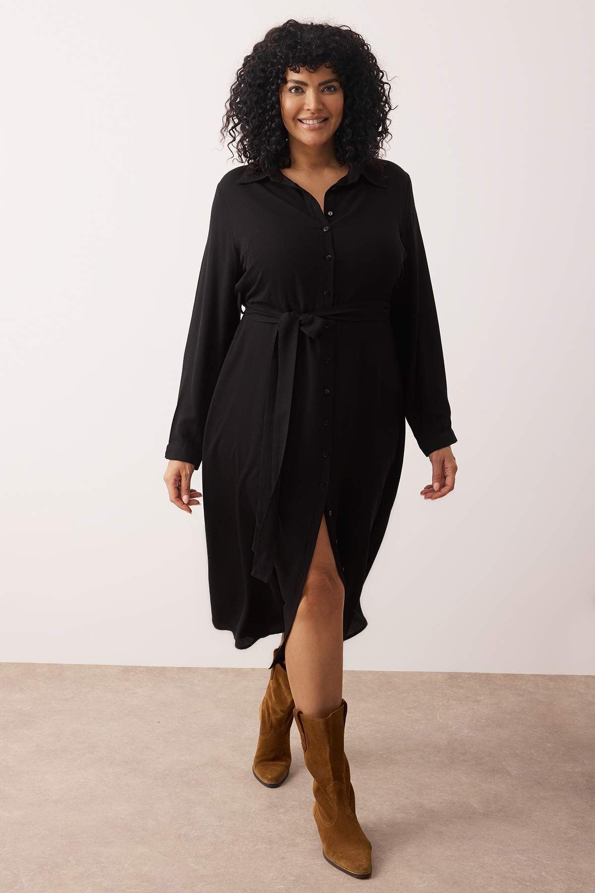 Curve Black Viscose Belted Midi Woven Plus Size Shirt Dress
