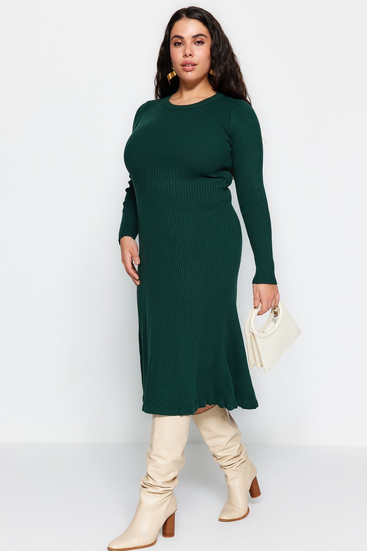 Curve Emerald Green Ribbed Crew Neck Midi Knit Plus Size Dress