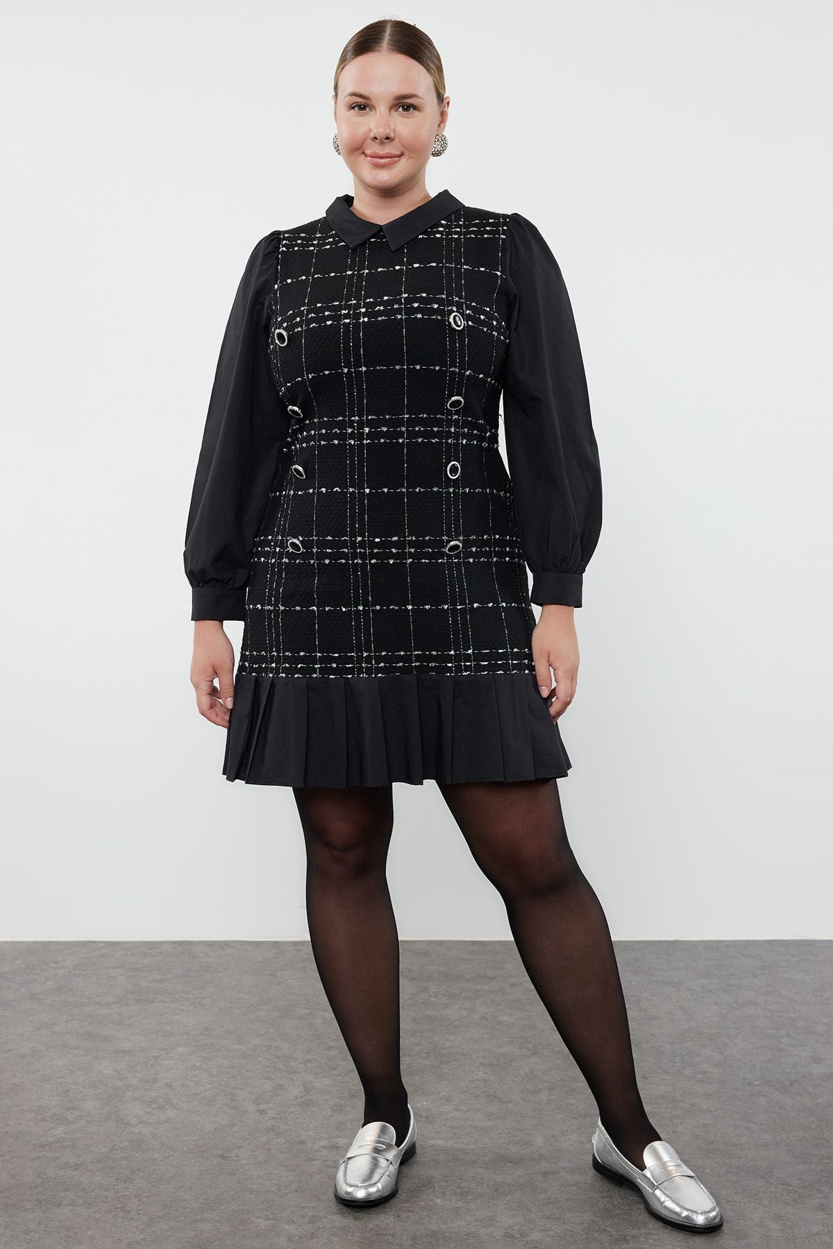 Black Plaid Tweed Mini Plus Size Dress