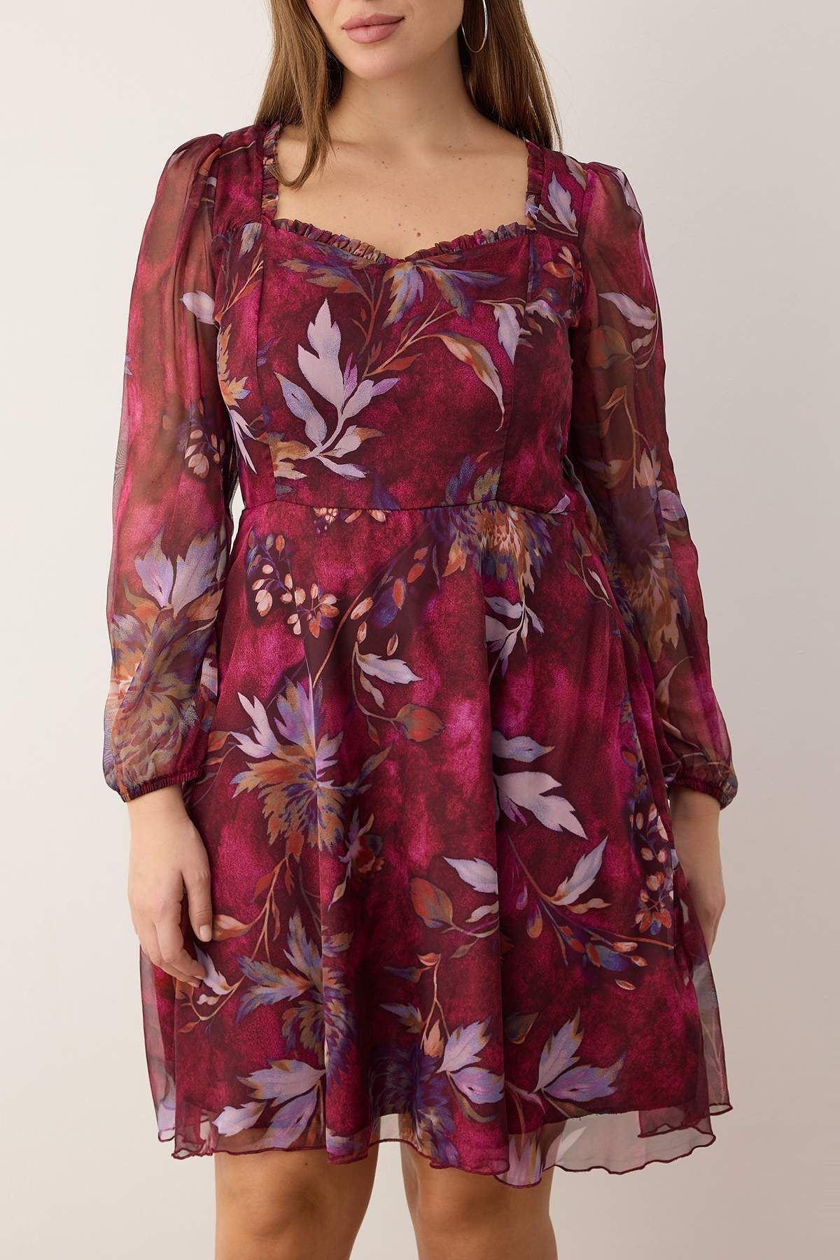 Burgundy Multi-Color Chiffon Mini Woven Plus Size Dress