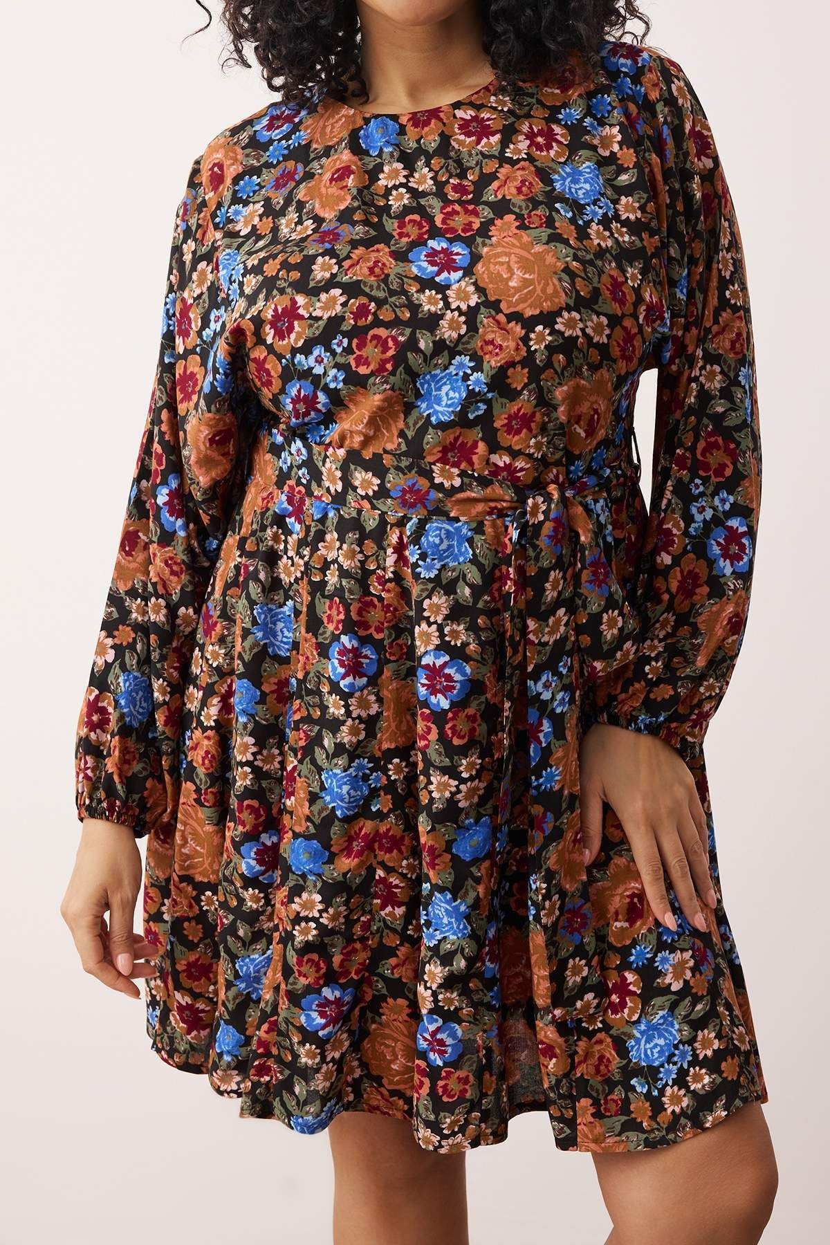 Plus Size Multi-Color Floral Belted Ruffle Viscose Woven Dress