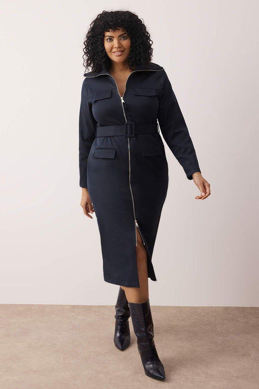 Curve Navy Full Zip Belted Gabardine Woven Plus Size Dress
