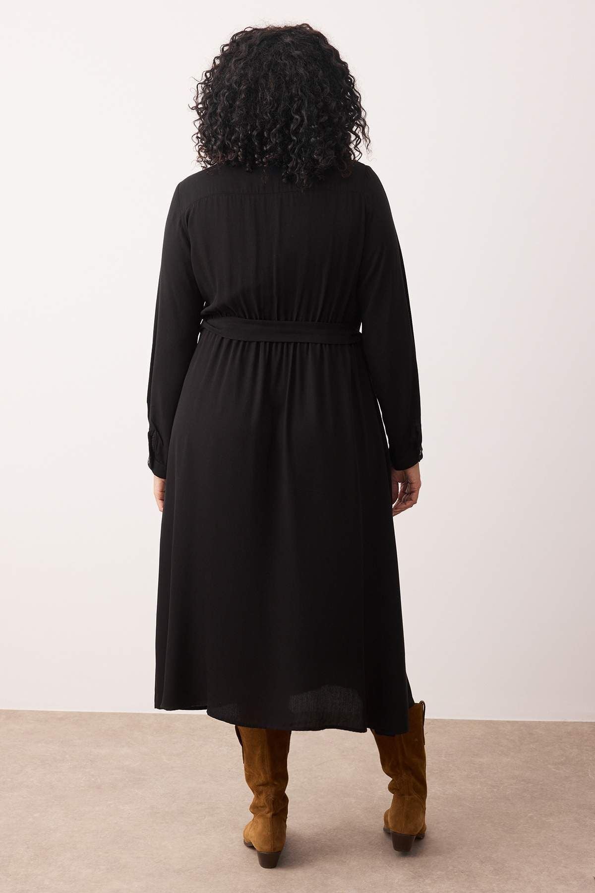Curve Black Viscose Belted Midi Woven Plus Size Shirt Dress
