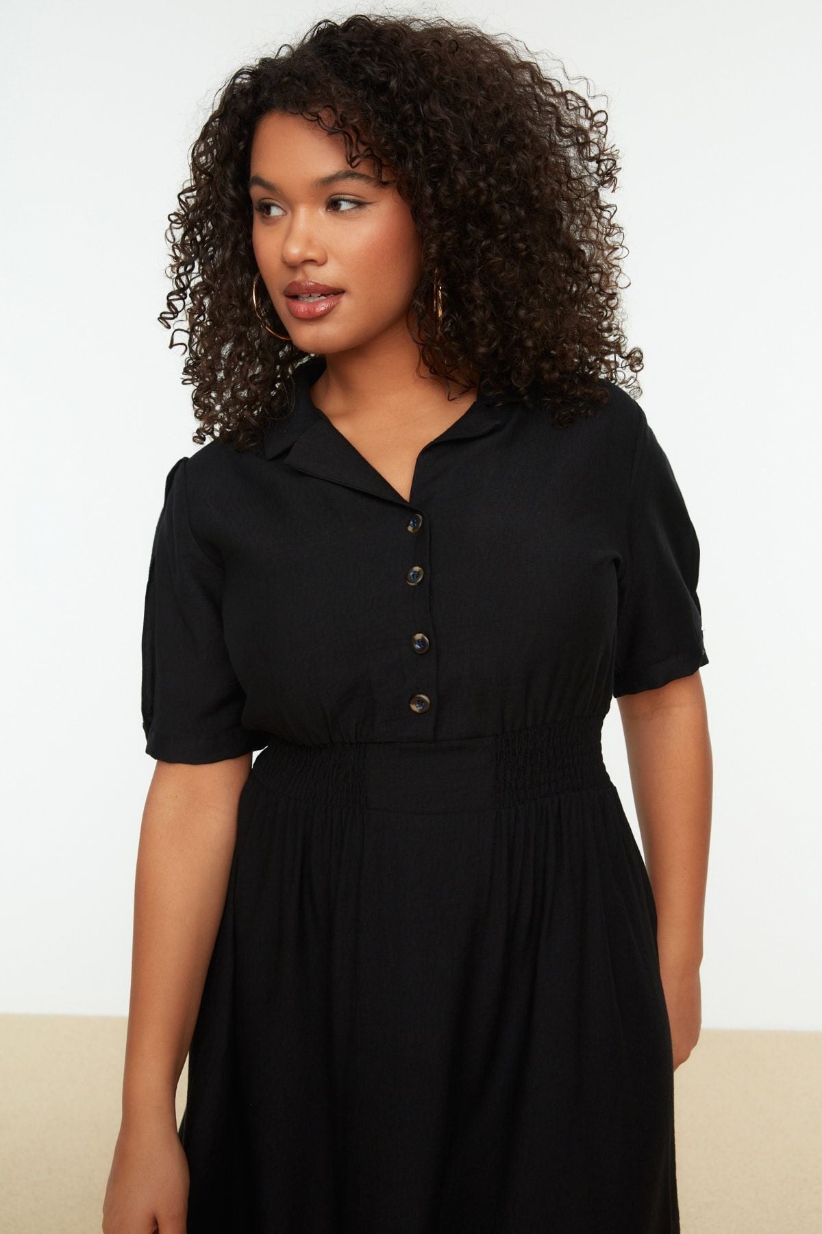 Curve Black Gipe and Button Detail Midi Woven Plus Size Dress