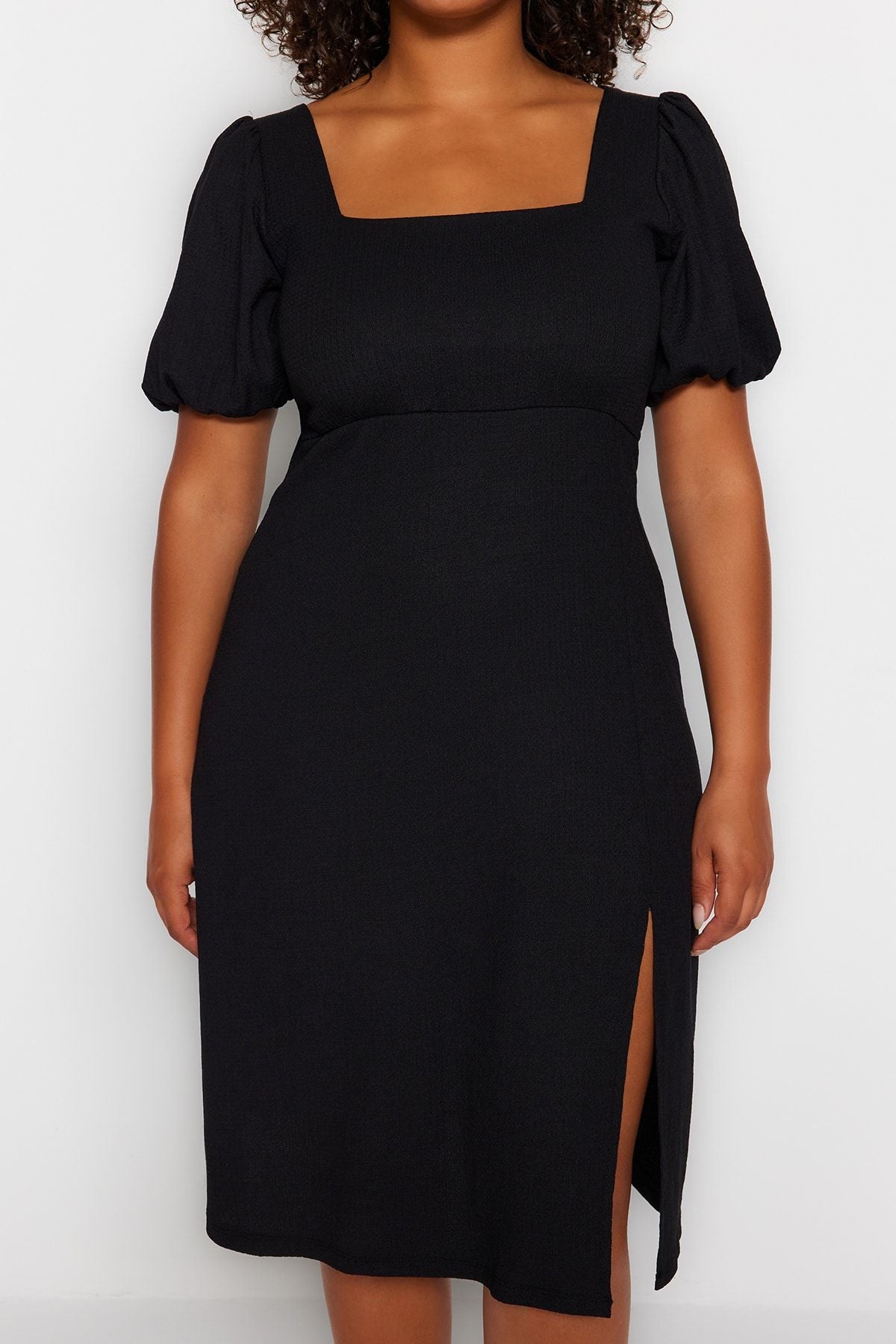 Curve Black Balloon Sleeve Square Neck Slit A-Line Plus Size Knit Dress