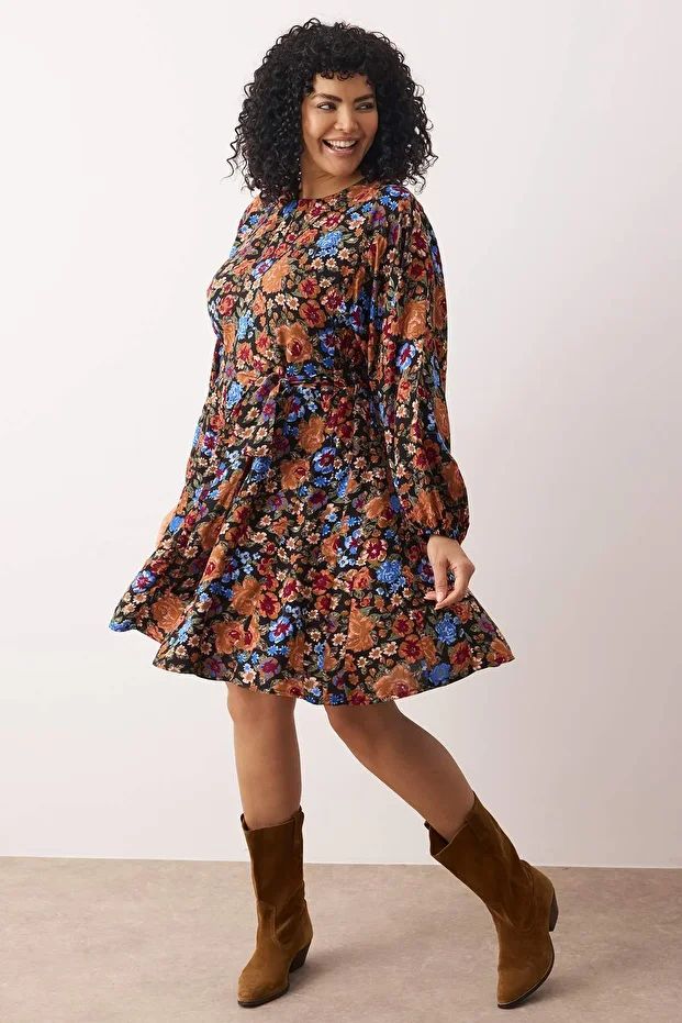 Plus Size Multi-Color Floral Belted Ruffle Viscose Woven Dress
