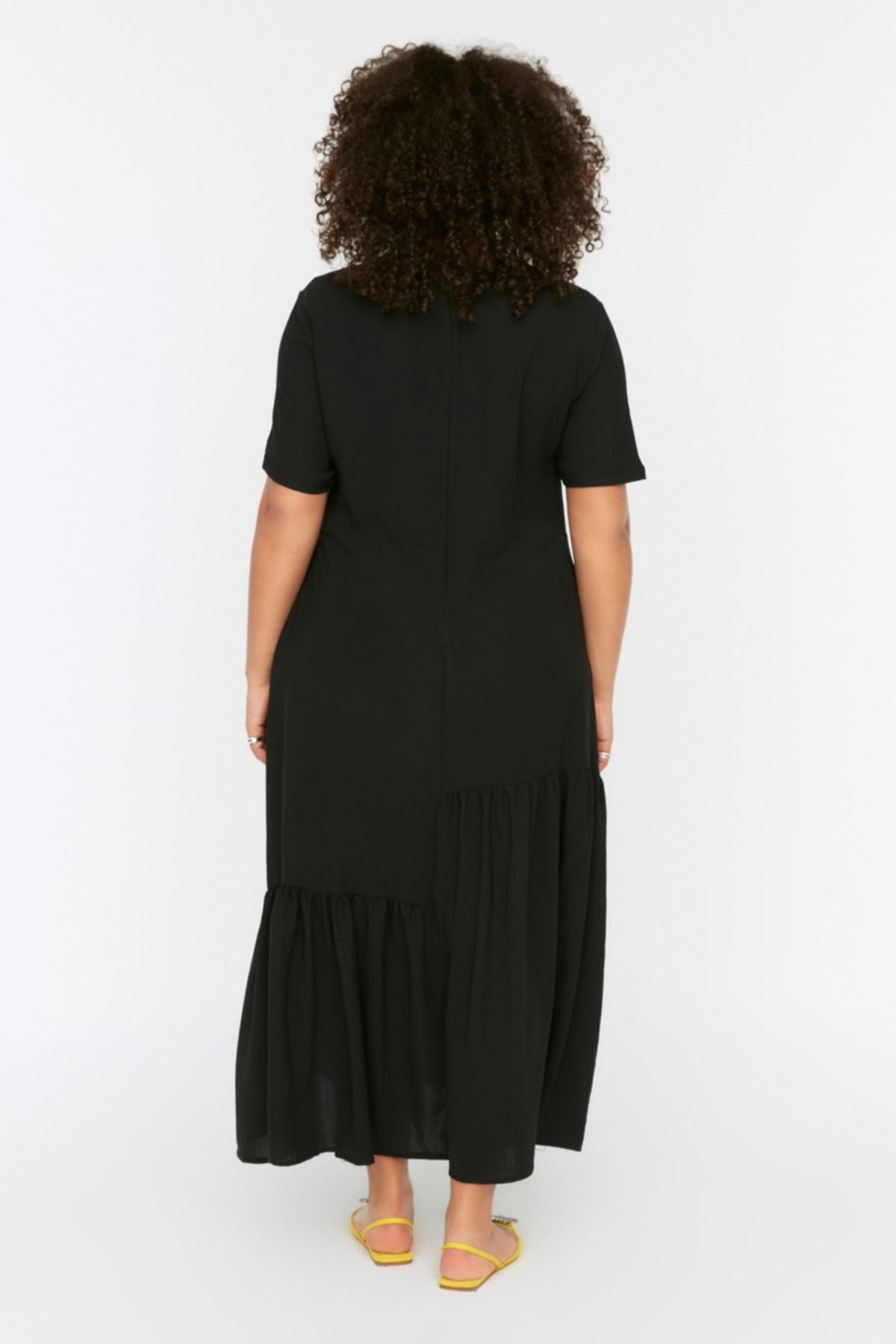 Curve Black Short Sleeve Woven Ruffled Midi Plus Size Dress