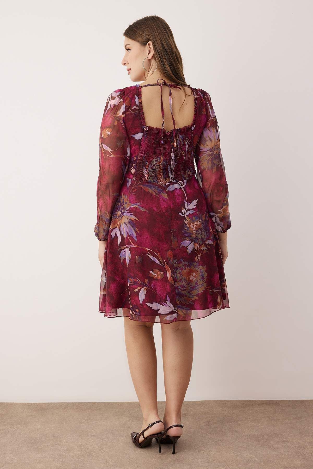 Burgundy Multi-Color Chiffon Mini Woven Plus Size Dress