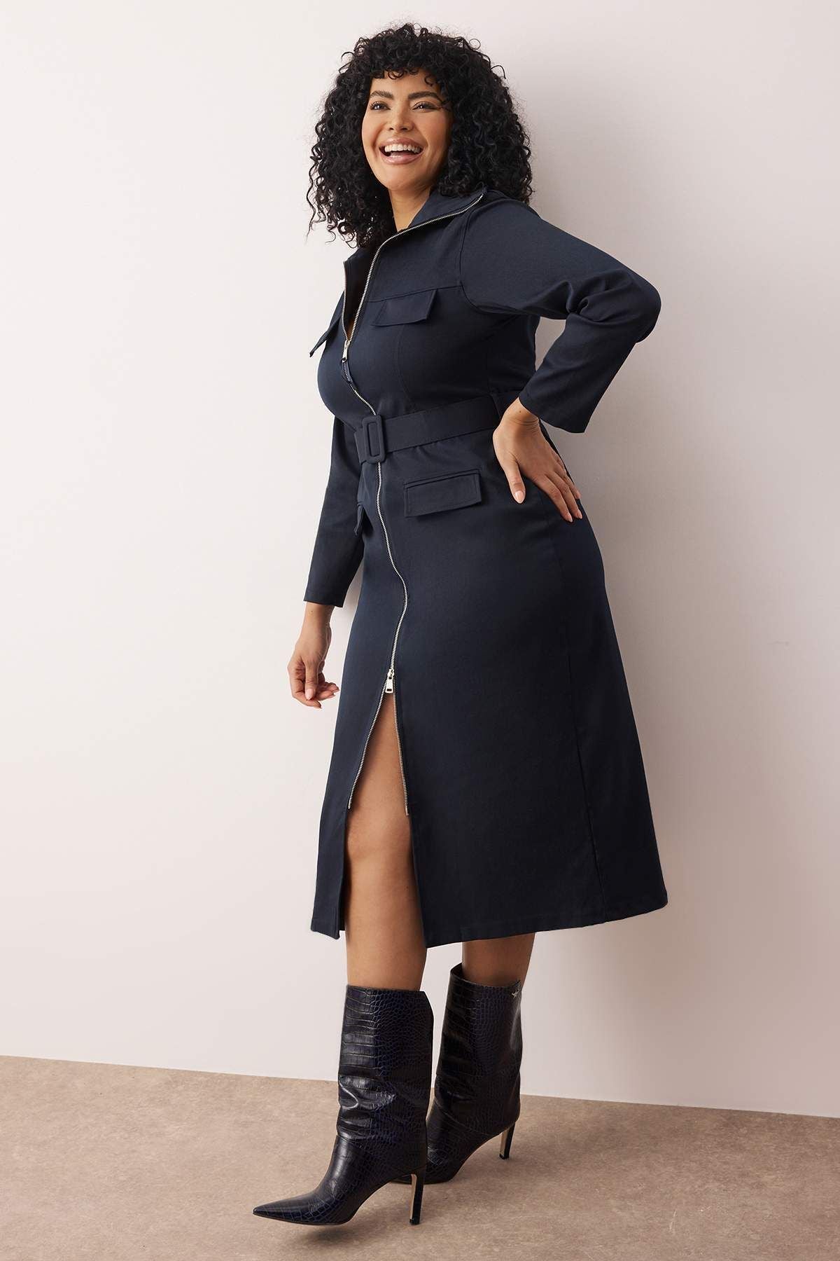 Curve Navy Full Zip Belted Gabardine Woven Plus Size Dress