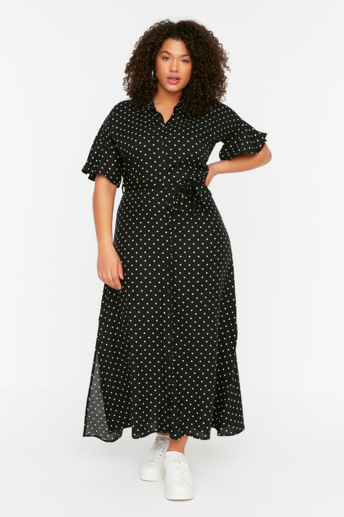 Curve Black Polka Dot Belted Midi Woven Plus Size Dress