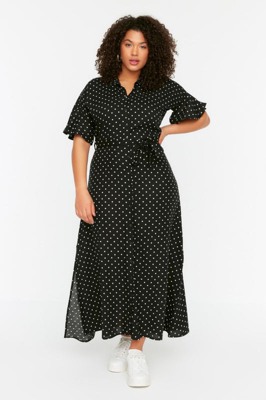 Curve Black Polka Dot Belted Midi Woven Plus Size Dress