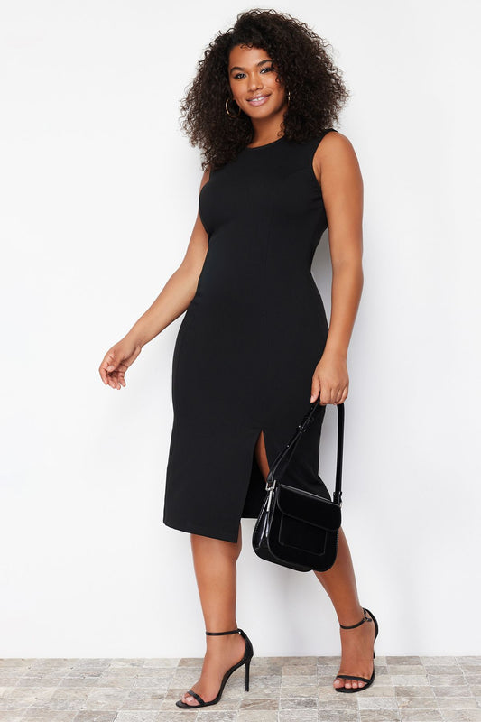 Curve Black Slit Detail Midi 100% Cotton Knitted Plus Size Dress