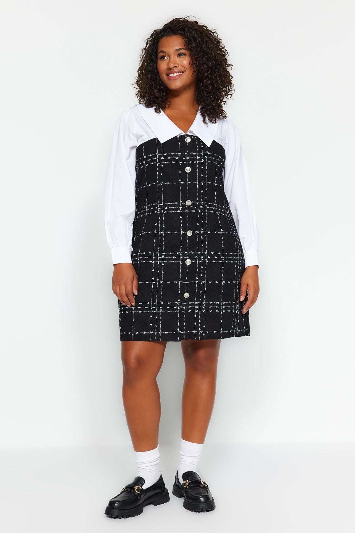 Curve Black and White Shirt Collar A-Line Mini Buttoned Tweed Plus Size Dress