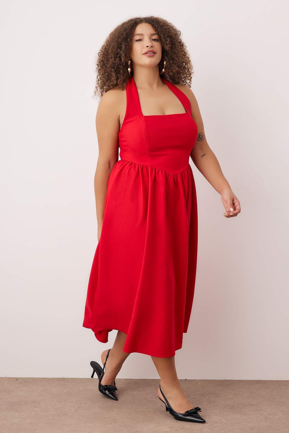 Red Square Neck Skater Midi Plus Size Dress
