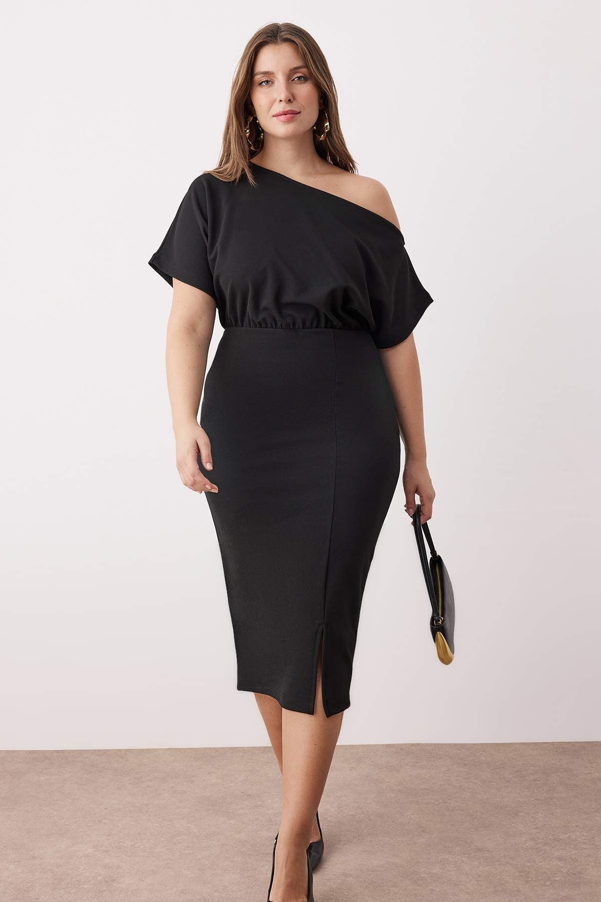 Curve Black Asymmetric Neck Slit Crepe Knit Plus Size Dress