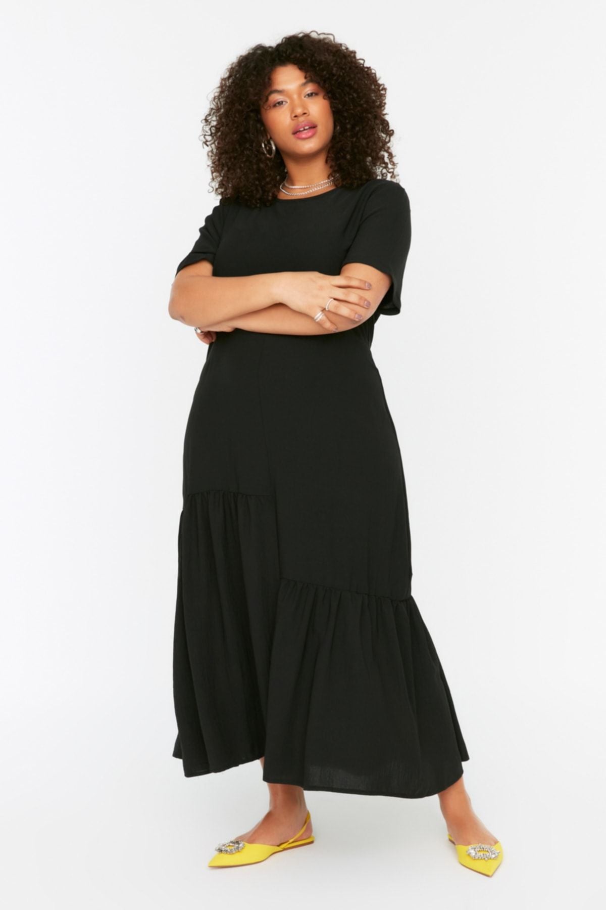 Curve Black Short Sleeve Woven Ruffled Midi Plus Size Dress