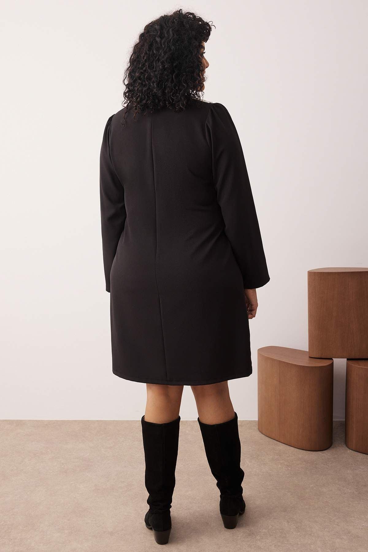 Curve Black Collar Detail Mini Shally Woven Plus Size Dress