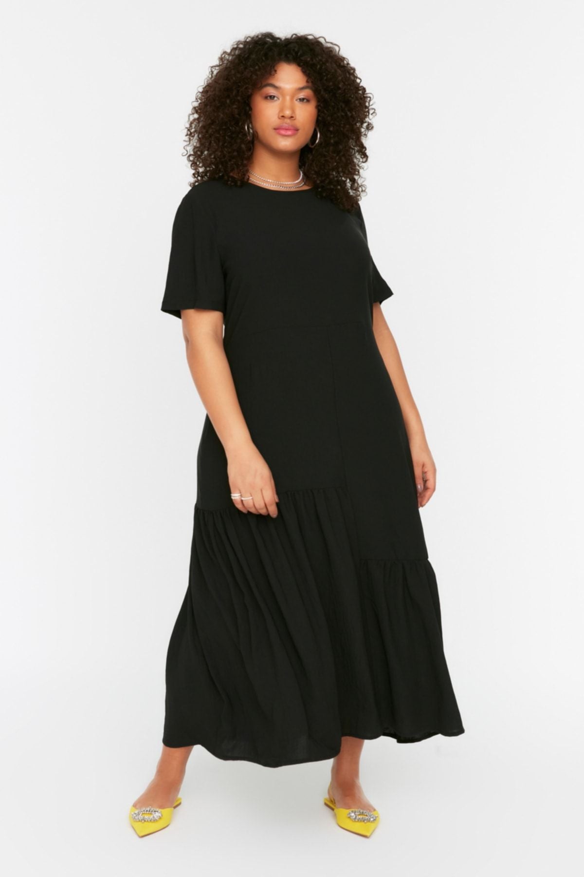 Curve Black Short Sleeve Woven Ruffled Midi Plus Size Dress