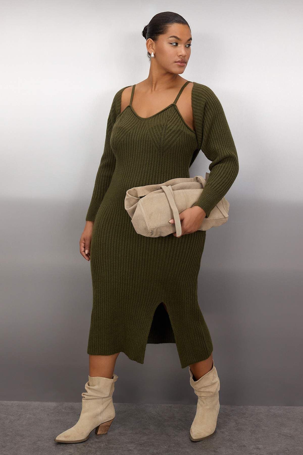 Curve Ribbed Slit Midi Knit Dress & Bolero Set