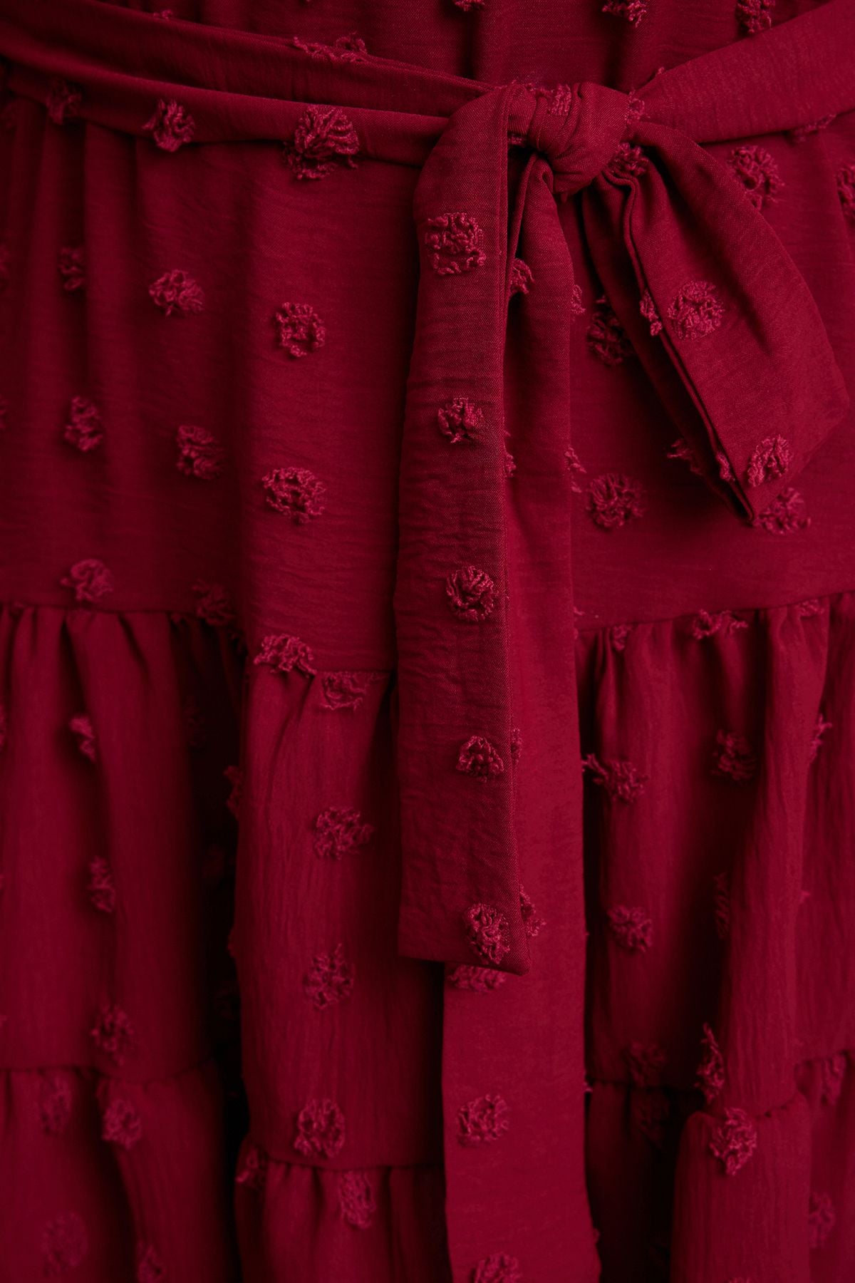 Curve Burgundy V-Neck Balloon Sleeve Belted Pom-Pom Woven Mini Plus Size Dress