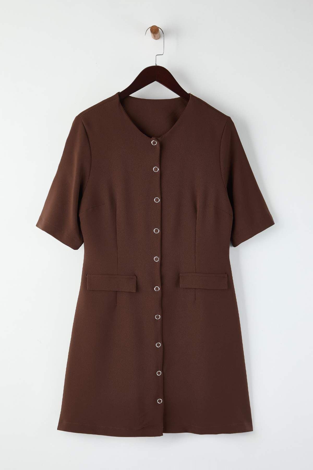 Curve Brown Buttoned Mini Woven Plus Size Dress