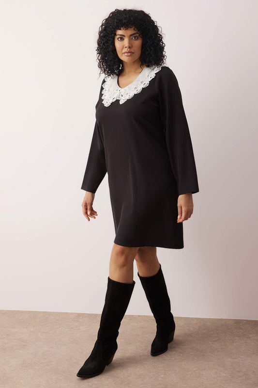 Curve Black Collar Detail Mini Shally Woven Plus Size Dress