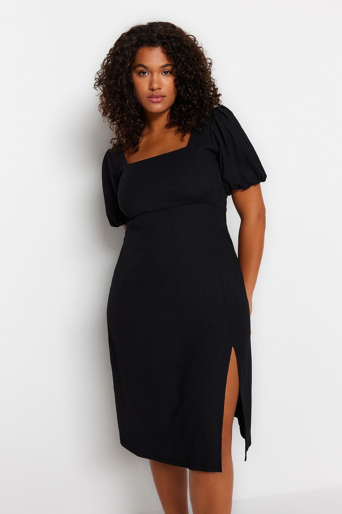 Curve Black Balloon Sleeve Square Neck Slit A-Line Plus Size Knit Dress