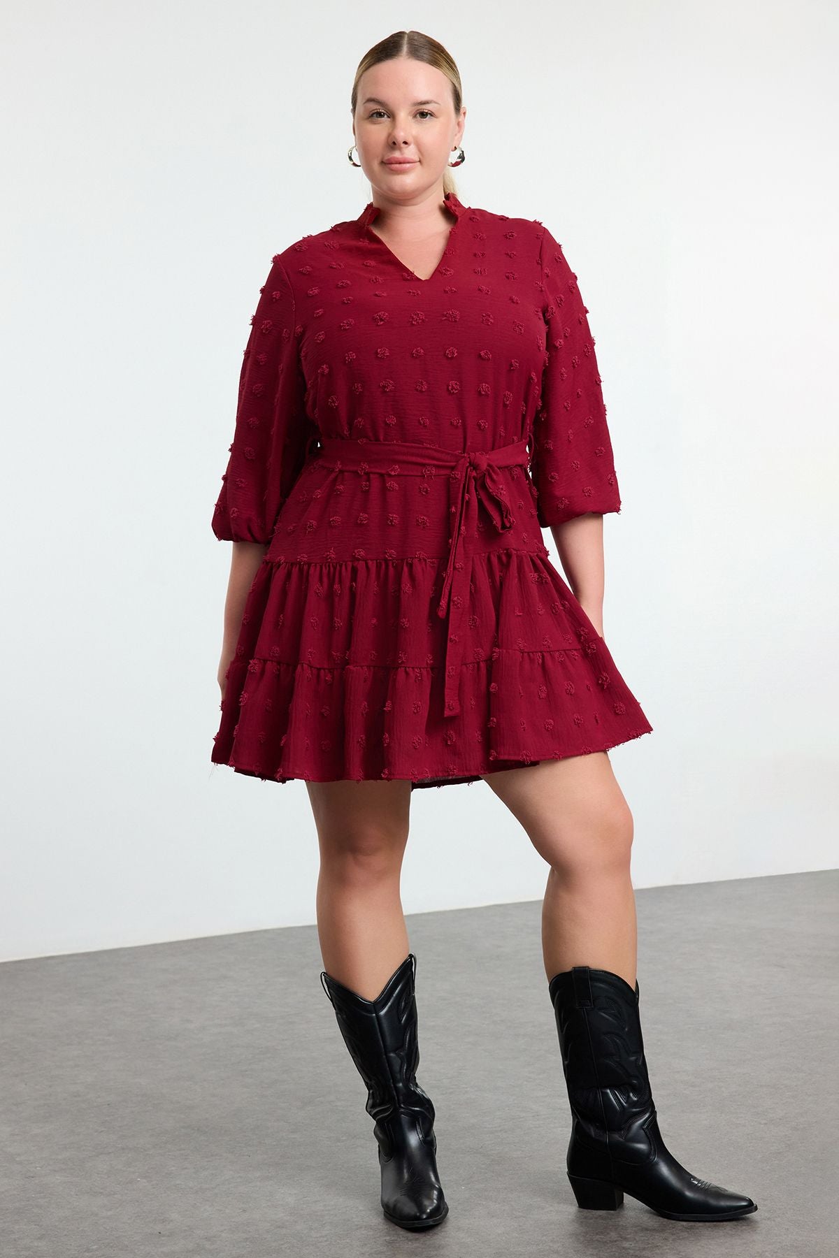 Curve Burgundy V-Neck Balloon Sleeve Belted Pom-Pom Woven Mini Plus Size Dress