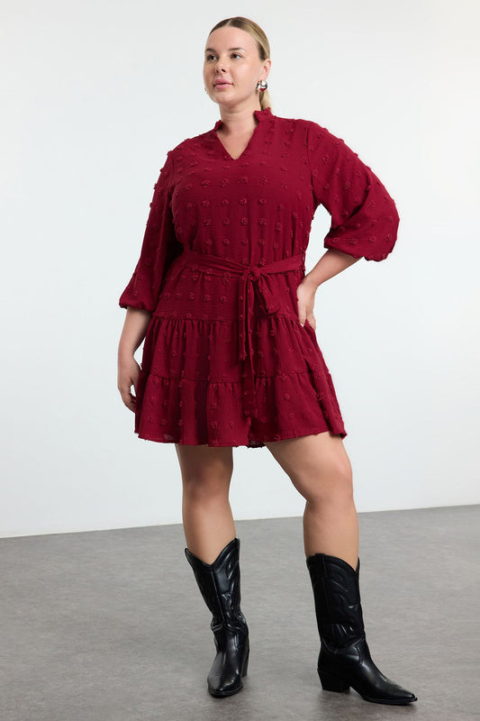 Curve Burgundy V-Neck Balloon Sleeve Belted Pom-Pom Woven Mini Plus Size Dress