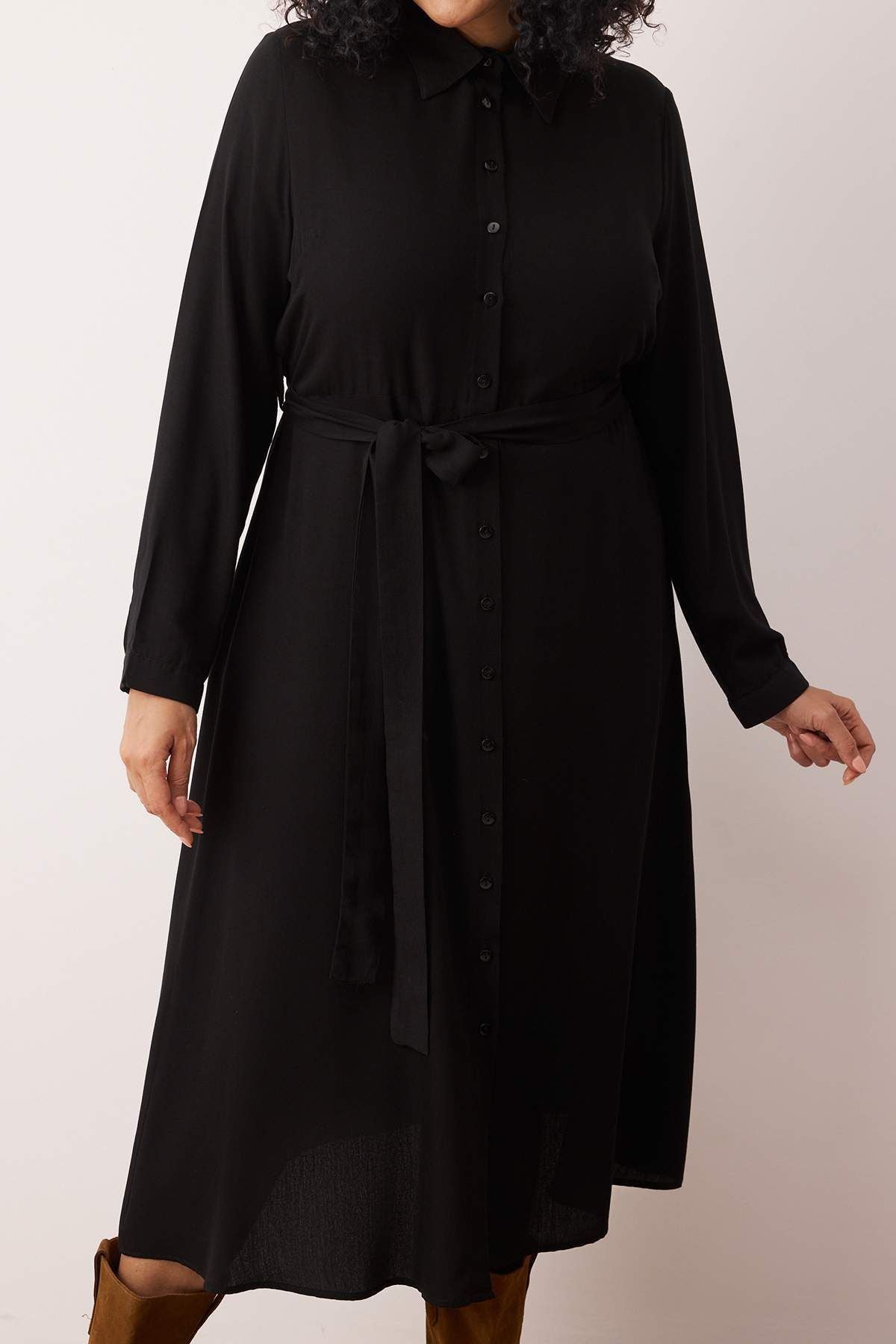 Curve Black Viscose Belted Midi Woven Plus Size Shirt Dress