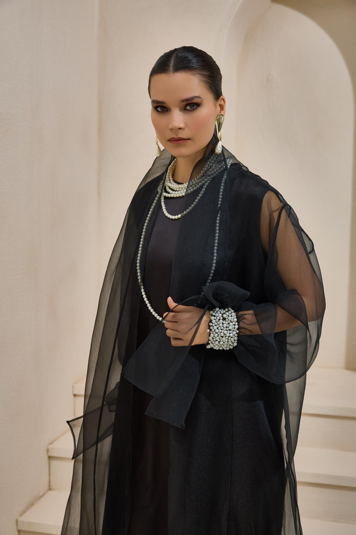 Rose Black Organza Pearl Detailed Abaya - sonafey
